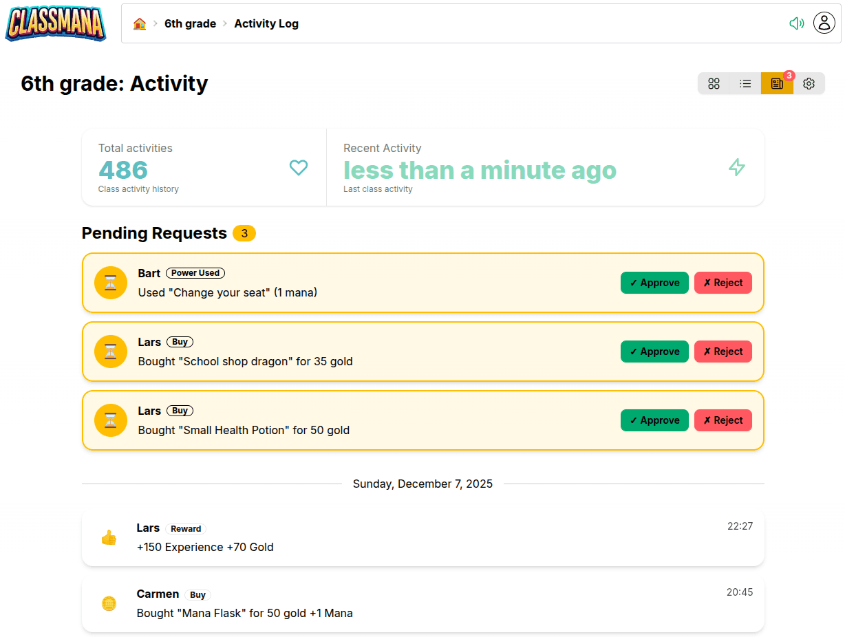 Página de atividade com solicitações pendentes