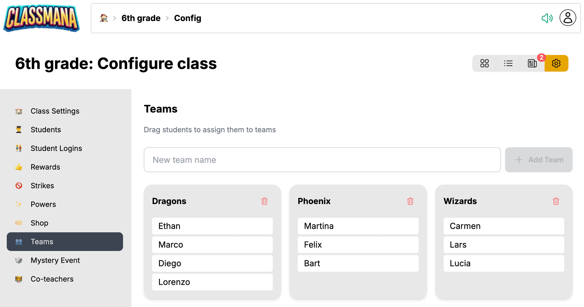 Configuração de equipes